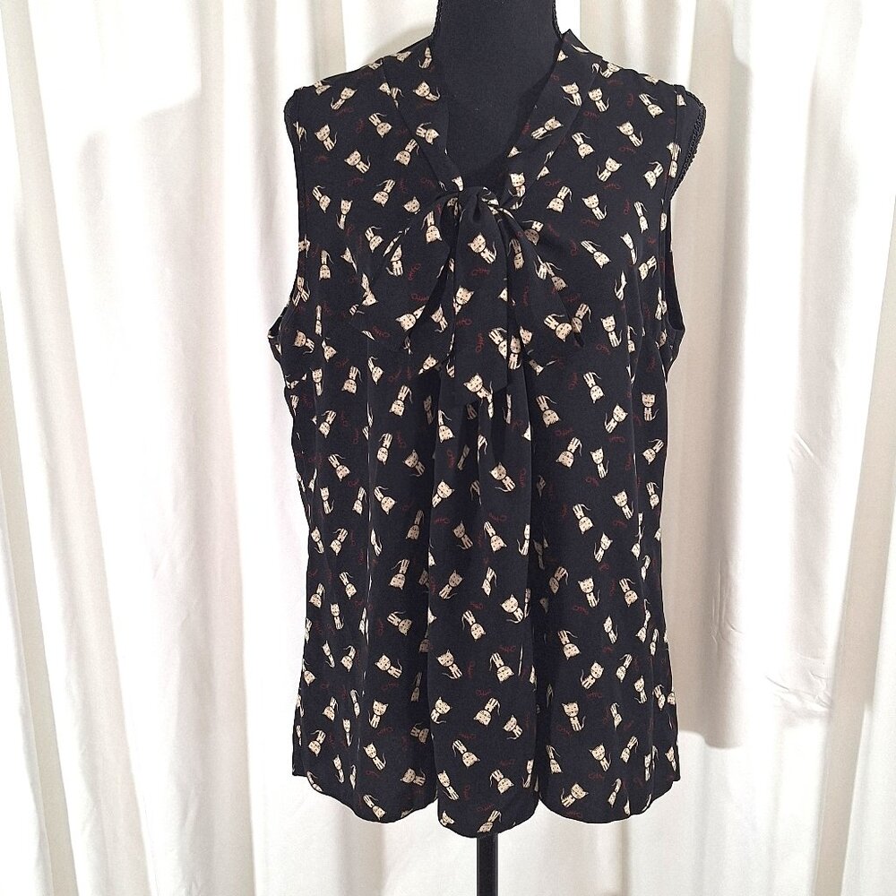 Jessie B Cat Print Tie-Neck Blouse XL Black Cream Retro Office Casual Top - Picture 7 of 16